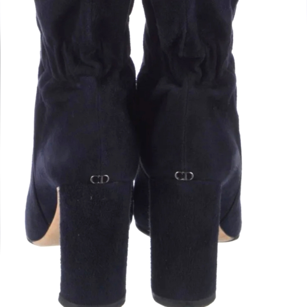 Christian Dior Suede Knee High Boots Blue 39.5 US 9.5 Block Heel CD Logo Zip - Picture 5 of 12